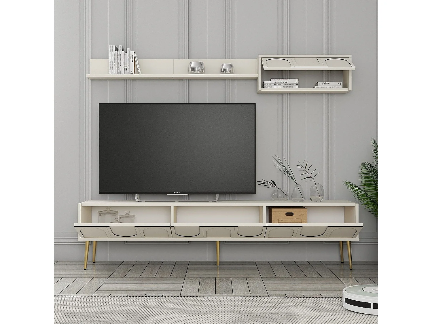 TV-Ständer – 180 cm – Creme und Gold – Melaminbeschichtete Spanplatte