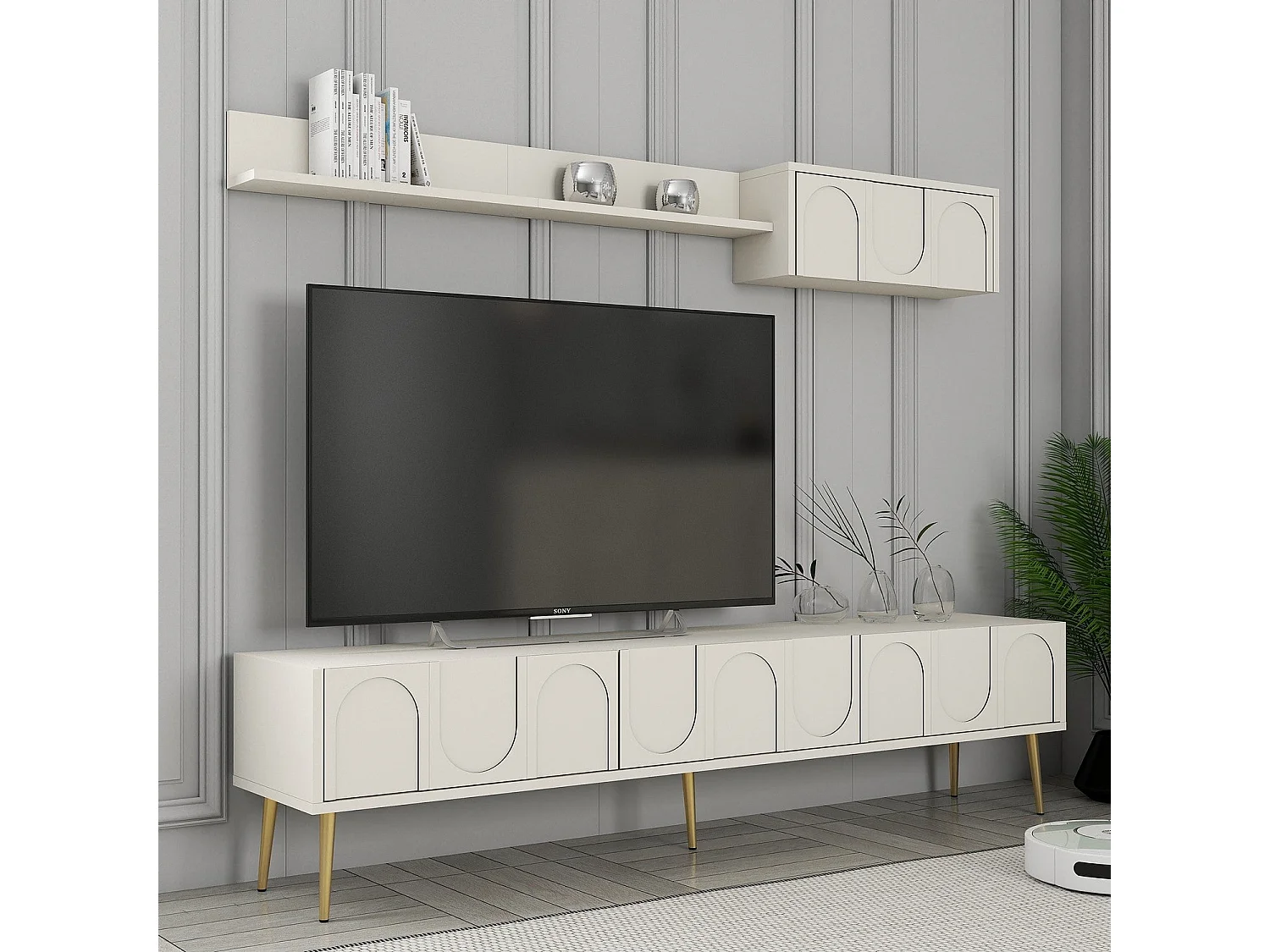 TV-Ständer – 180 cm – Creme und Gold – Melaminbeschichtete Spanplatte