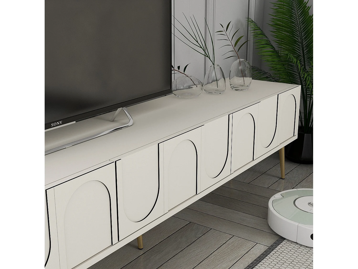 TV-Ständer – 180 cm – Creme und Gold – Melaminbeschichtete Spanplatte