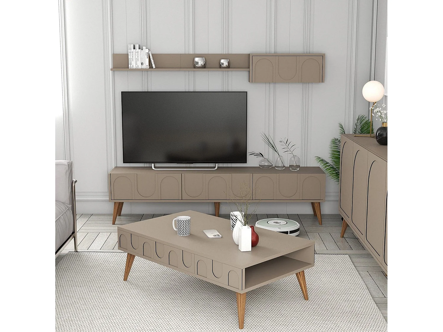 Ensemble meubles de salons style minimaliste Lyana 3 pièces Taupe foncé et Bois clair