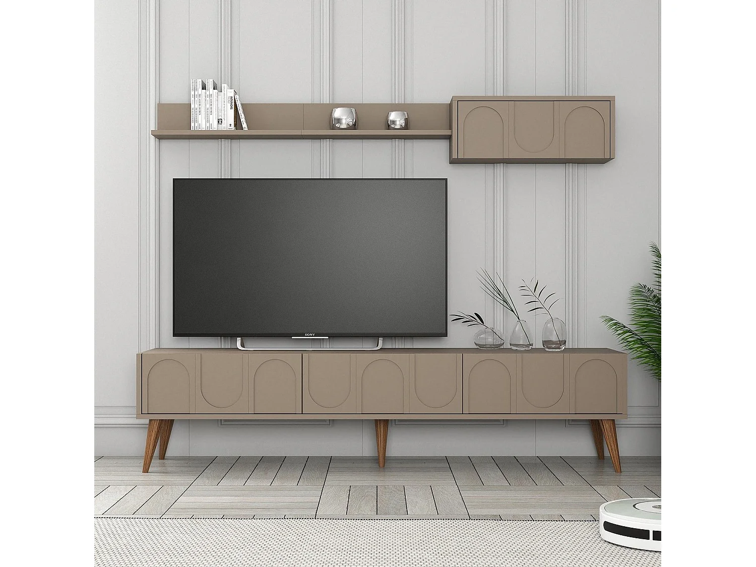Ensemble meubles de salons style minimaliste Lyana 3 pièces Taupe foncé et Bois clair