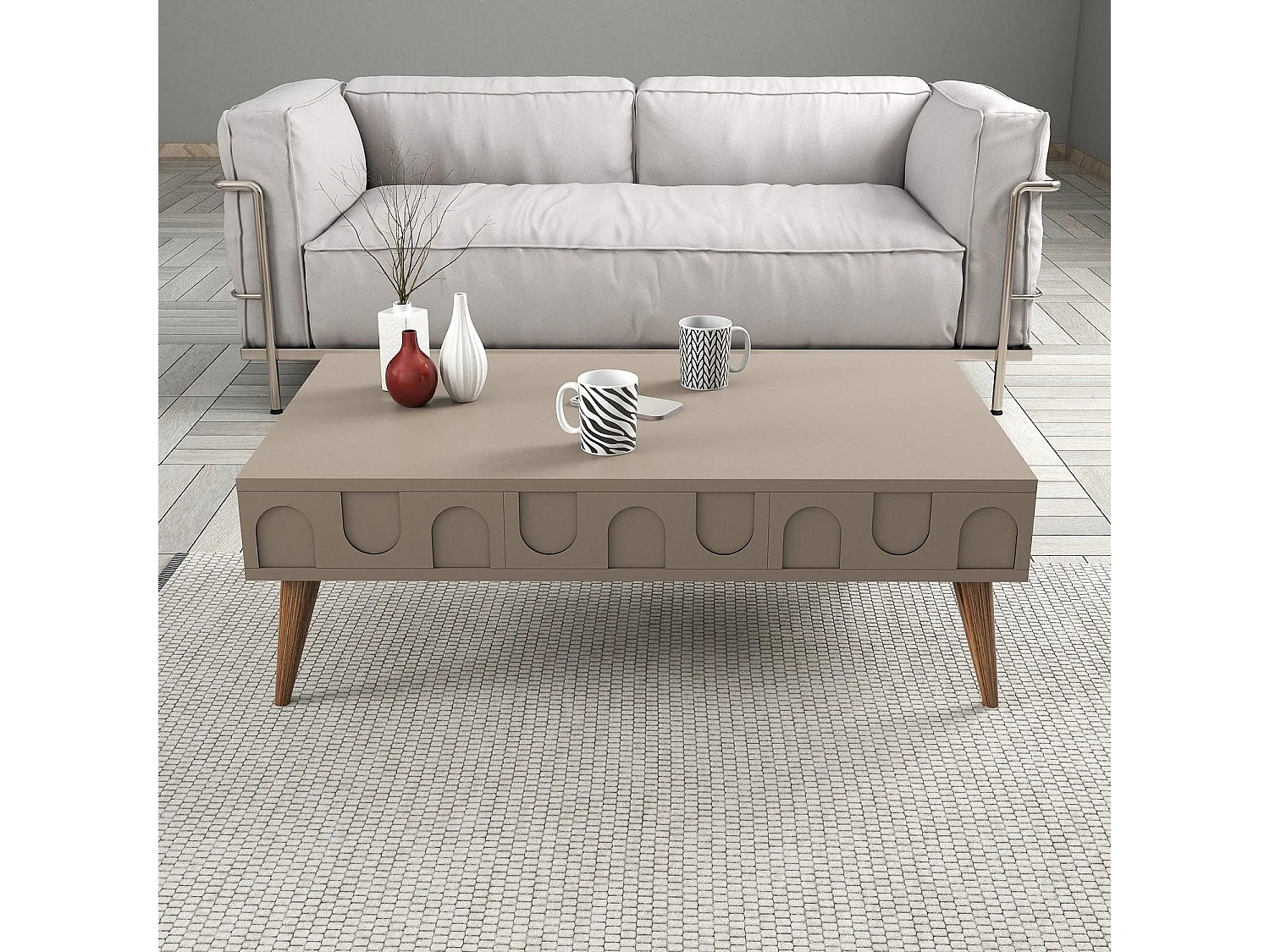 Ensemble meubles de salons style minimaliste Lyana 3 pièces Taupe foncé et Bois clair