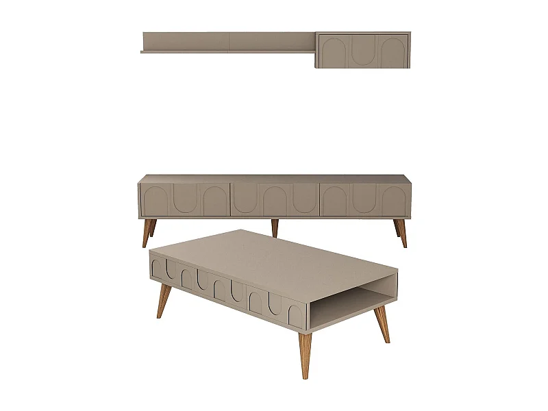 Ensemble meubles de salons style minimaliste Lyana 3 pièces Taupe foncé et Bois clair