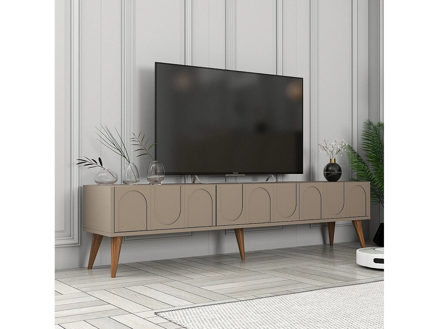 Meuble TV style minimaliste 3 portes Lyana L180cm Taupe foncé et Bois clair