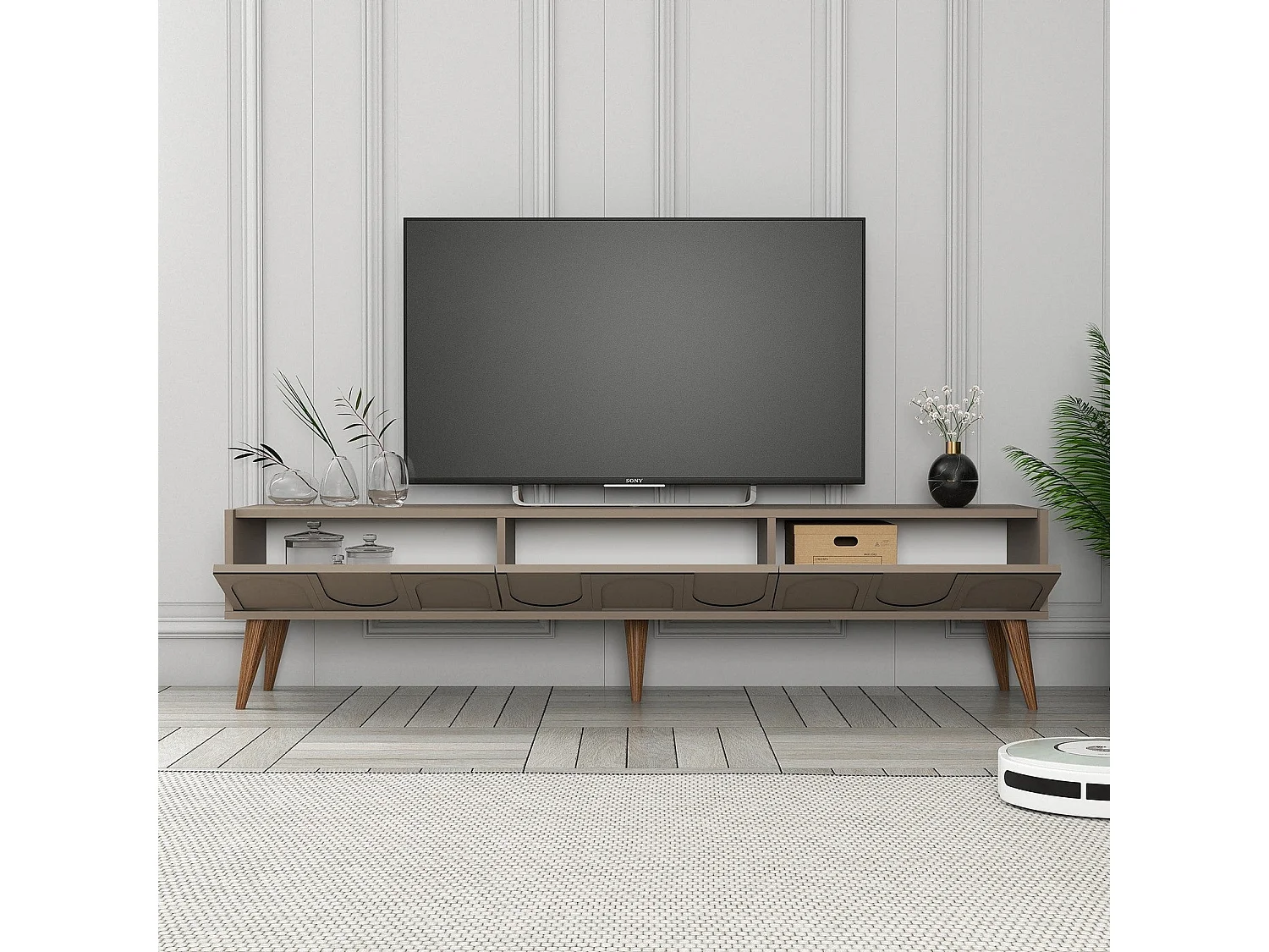 Meuble TV style minimaliste 3 portes Lyana L180cm Taupe foncé et Bois clair