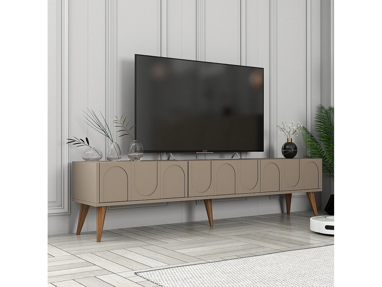 Meuble TV style minimaliste 3 portes Lyana L180cm Taupe foncé et Bois clair