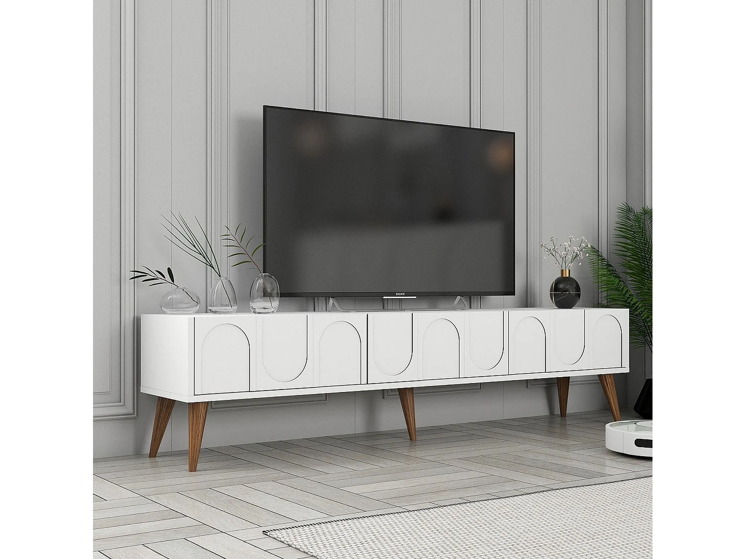 Elegante mueble de TV – 180 x 44 x 35 cm – blanco y nogal – tablero de partículas revestido de melamina
