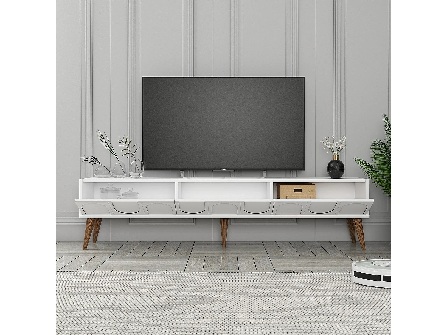 Elegante mueble de TV – 180 x 44 x 35 cm – blanco y nogal – tablero de partículas revestido de melamina