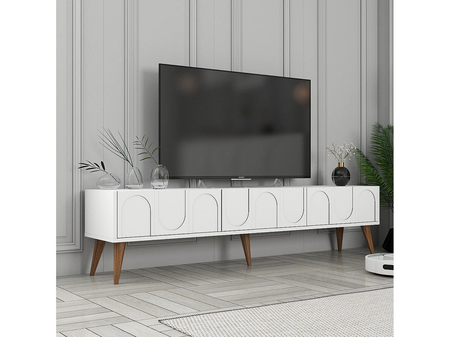 Elegante mueble de TV – 180 x 44 x 35 cm – blanco y nogal – tablero de partículas revestido de melamina