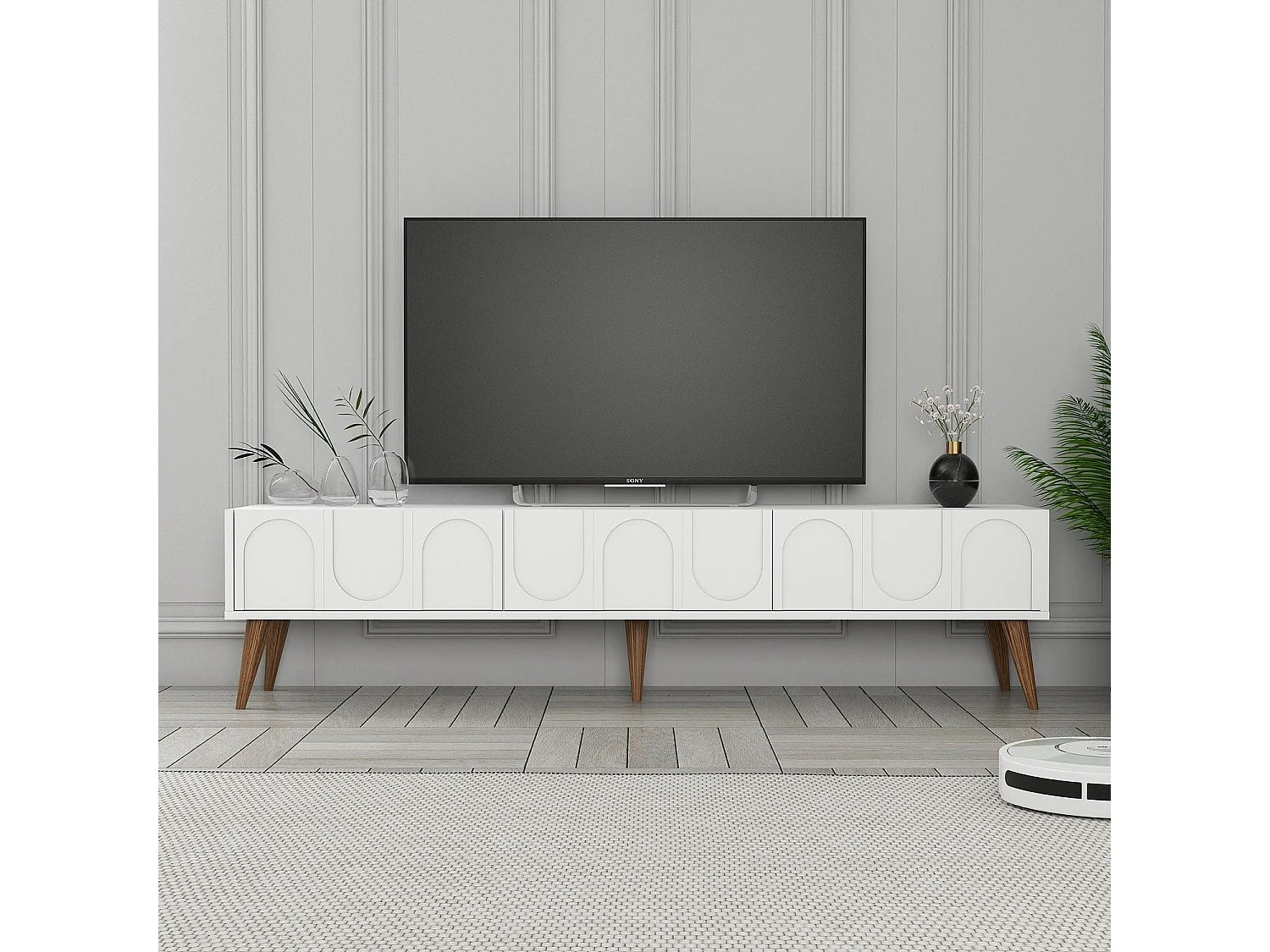 Eleganter TV-Ständer – 180 x 44 x 35 cm – Weiß und Walnuss – melaminbeschichtete Spanplatte