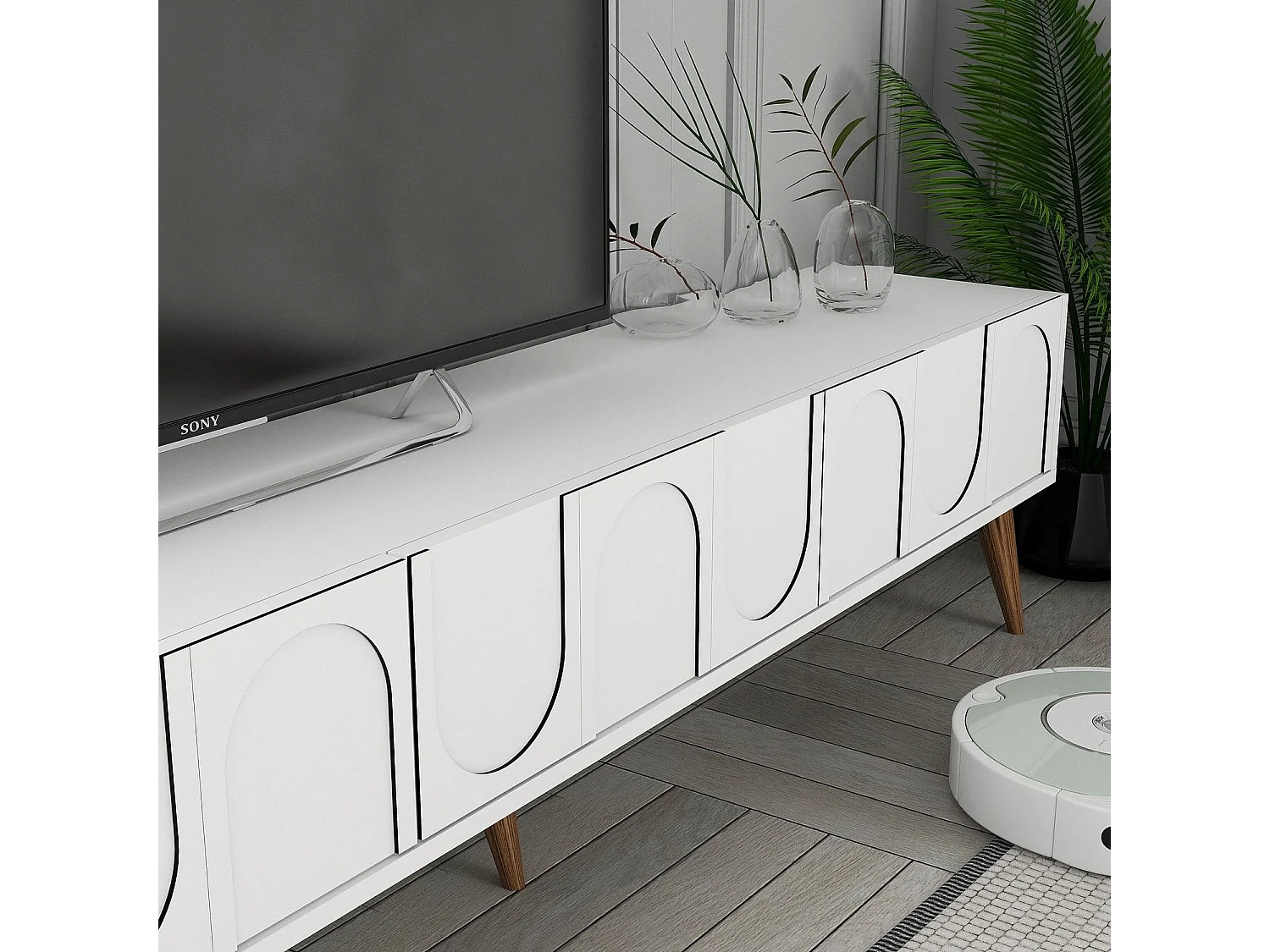 Eleganter TV-Ständer – 180 x 44 x 35 cm – Weiß und Walnuss – melaminbeschichtete Spanplatte