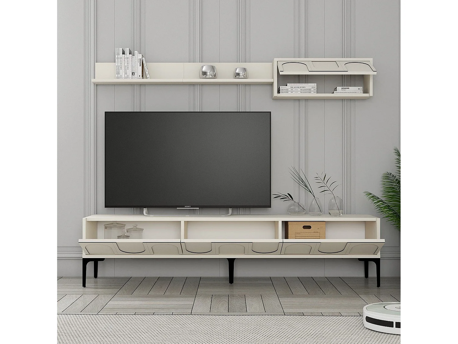 Móvel de TV elegante com prateleira de parede – 180 cm de largura – Creme e Preto – Painel de partículas revestido de melamina