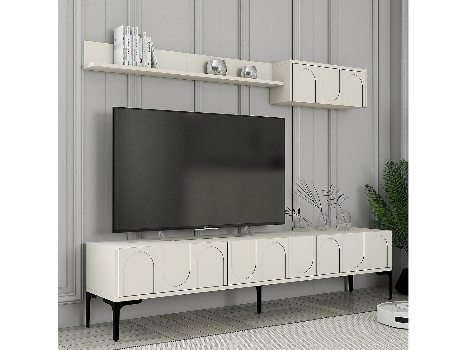 Móvel de TV elegante com prateleira de parede – 180 cm de largura – Creme e Preto – Painel de partículas revestido de melamina