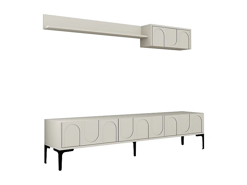 Móvel de TV elegante com prateleira de parede – 180 cm de largura – Creme e Preto – Painel de partículas revestido de melamina