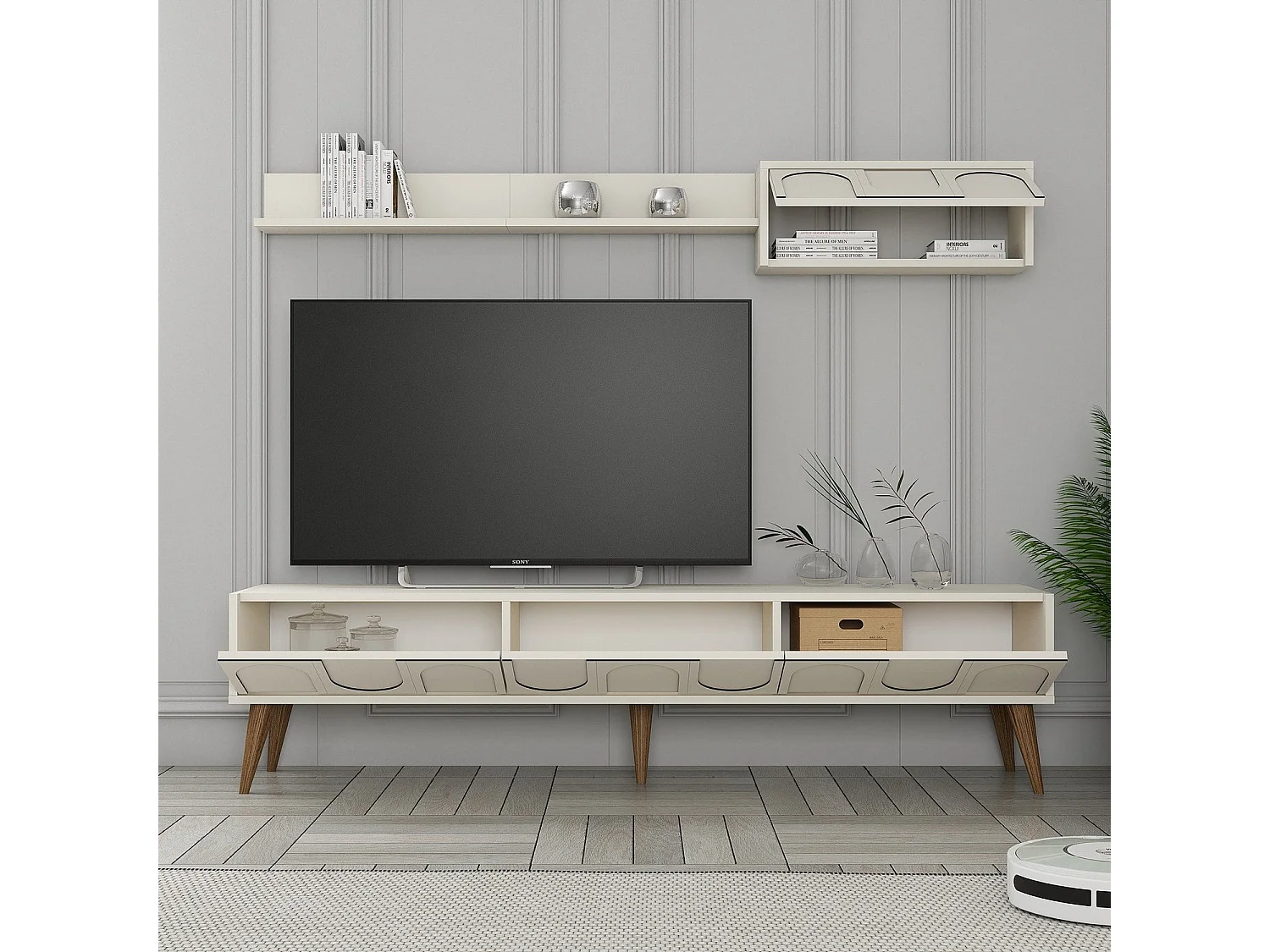 Móvel de TV elegante – 180 cm – Creme e nogueira – Painel de partículas revestido de melamina