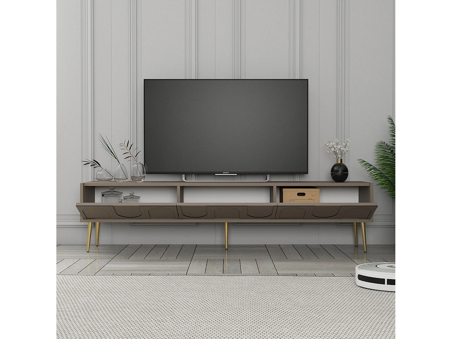 Móvel de TV elegante – 180 x 43 x 35 cm – Atlas e dourado – Painéis de partículas revestidos de melamina