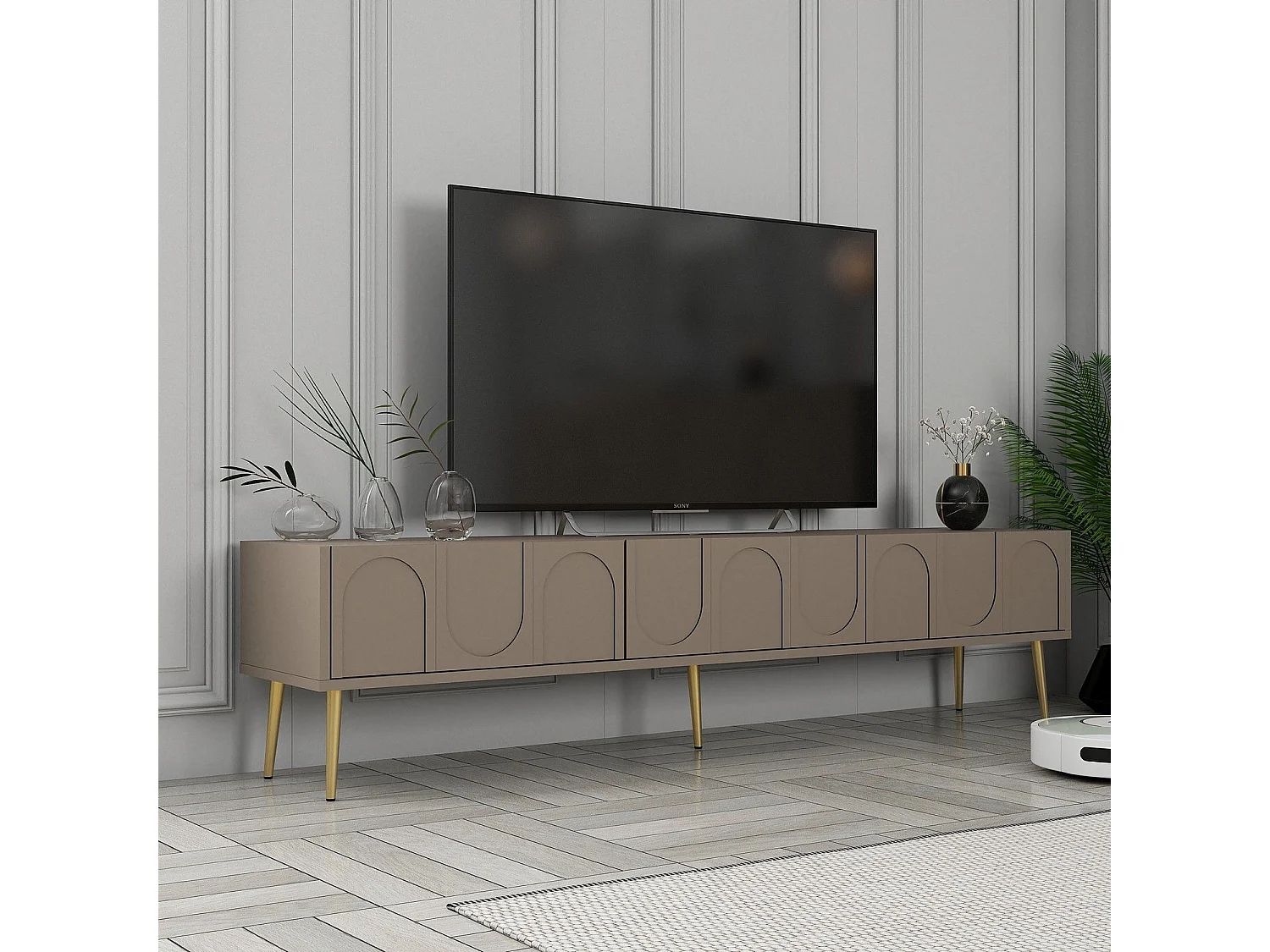 Meuble TV style minimaliste 3 portes Lyana L180cm Taupe foncé et Or