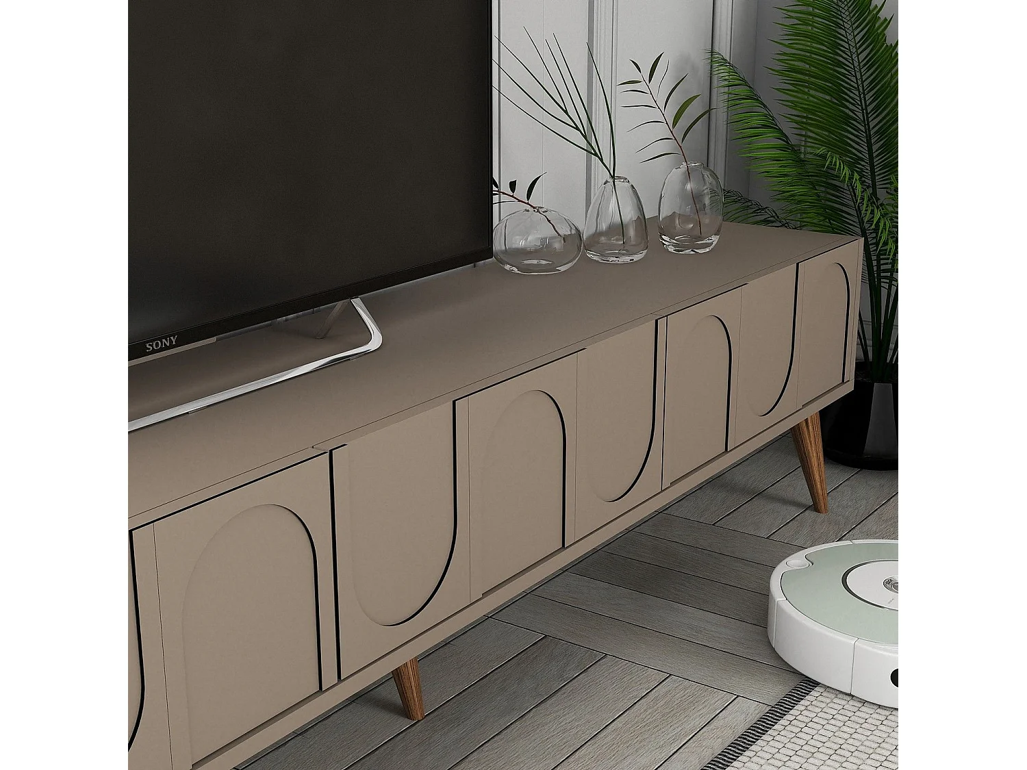 Meuble TV style minimaliste 3 portes Lyana L180cm Taupe foncé et Or