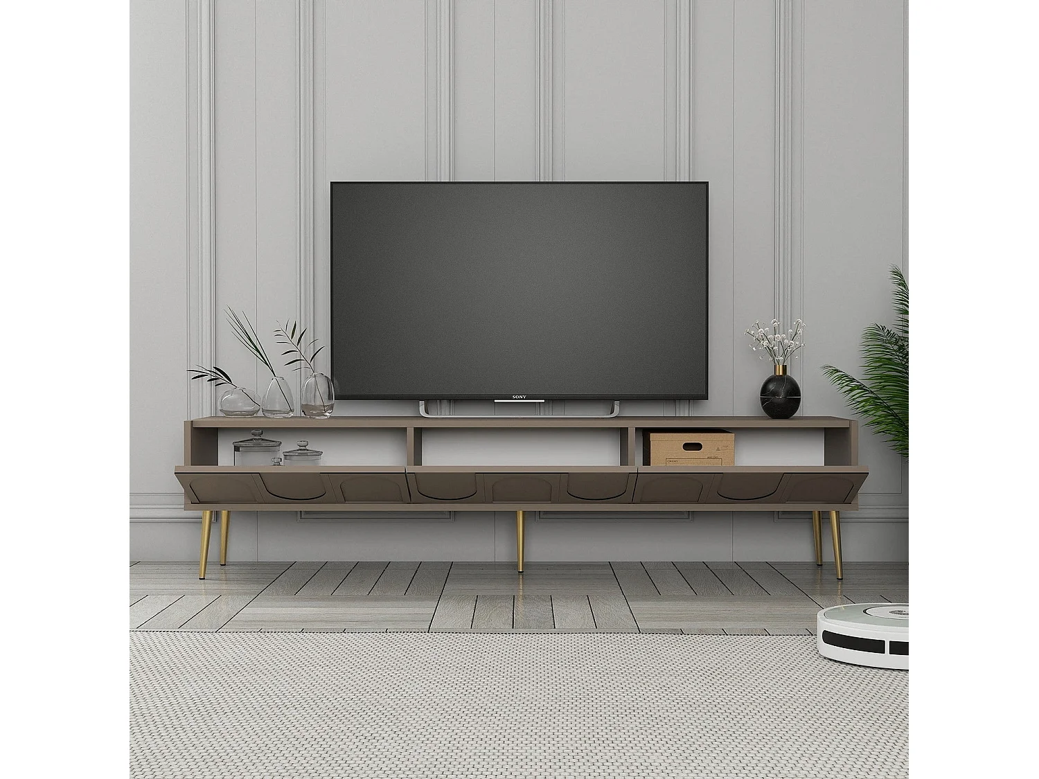 Meuble TV style minimaliste 3 portes Lyana L180cm Taupe foncé et Or