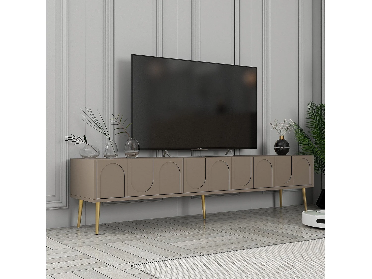 Meuble TV style minimaliste 3 portes Lyana L180cm Taupe foncé et Or