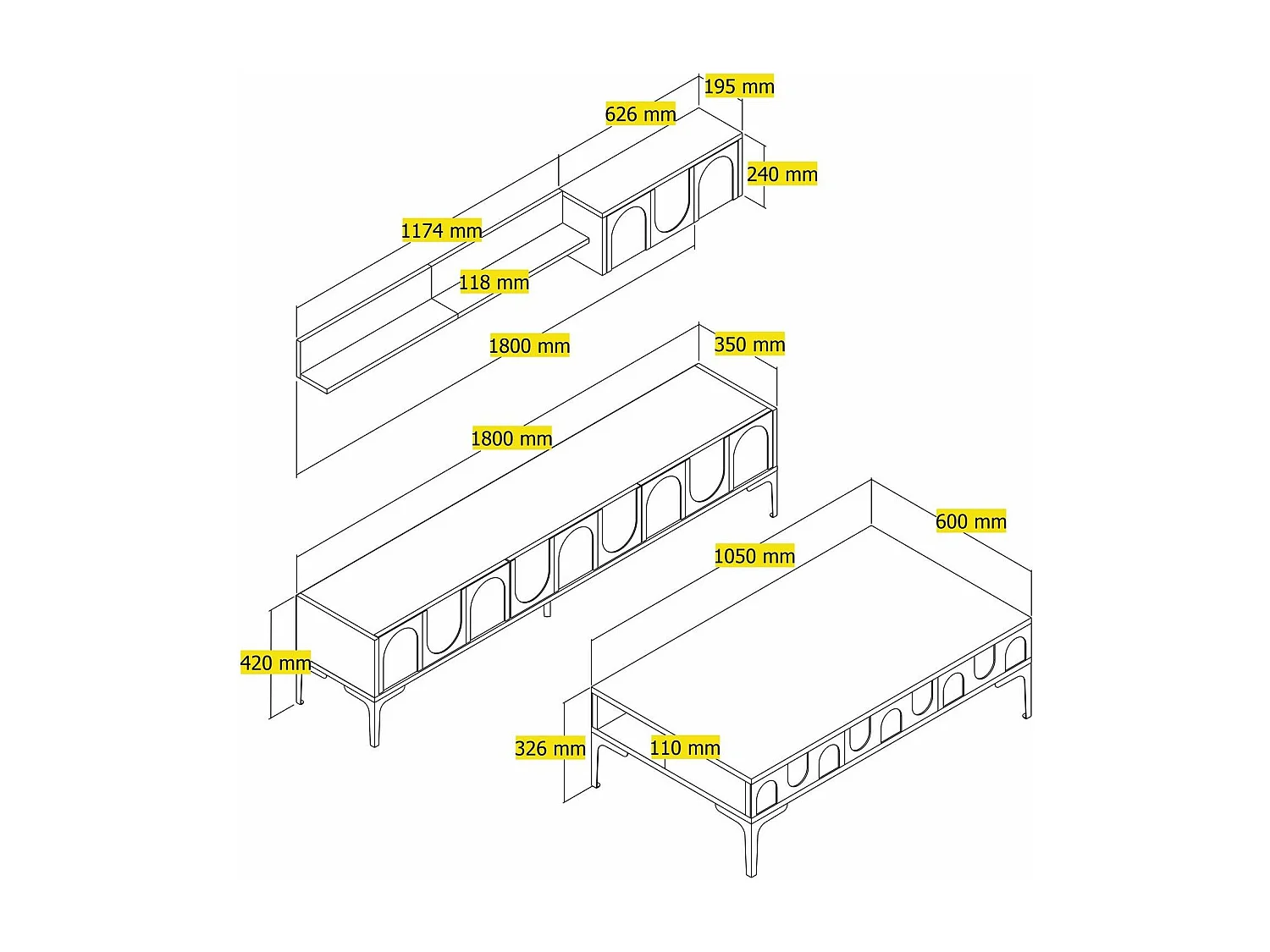 Ensemble meubles de salons Lyana 3 pièces Blanc et Noir