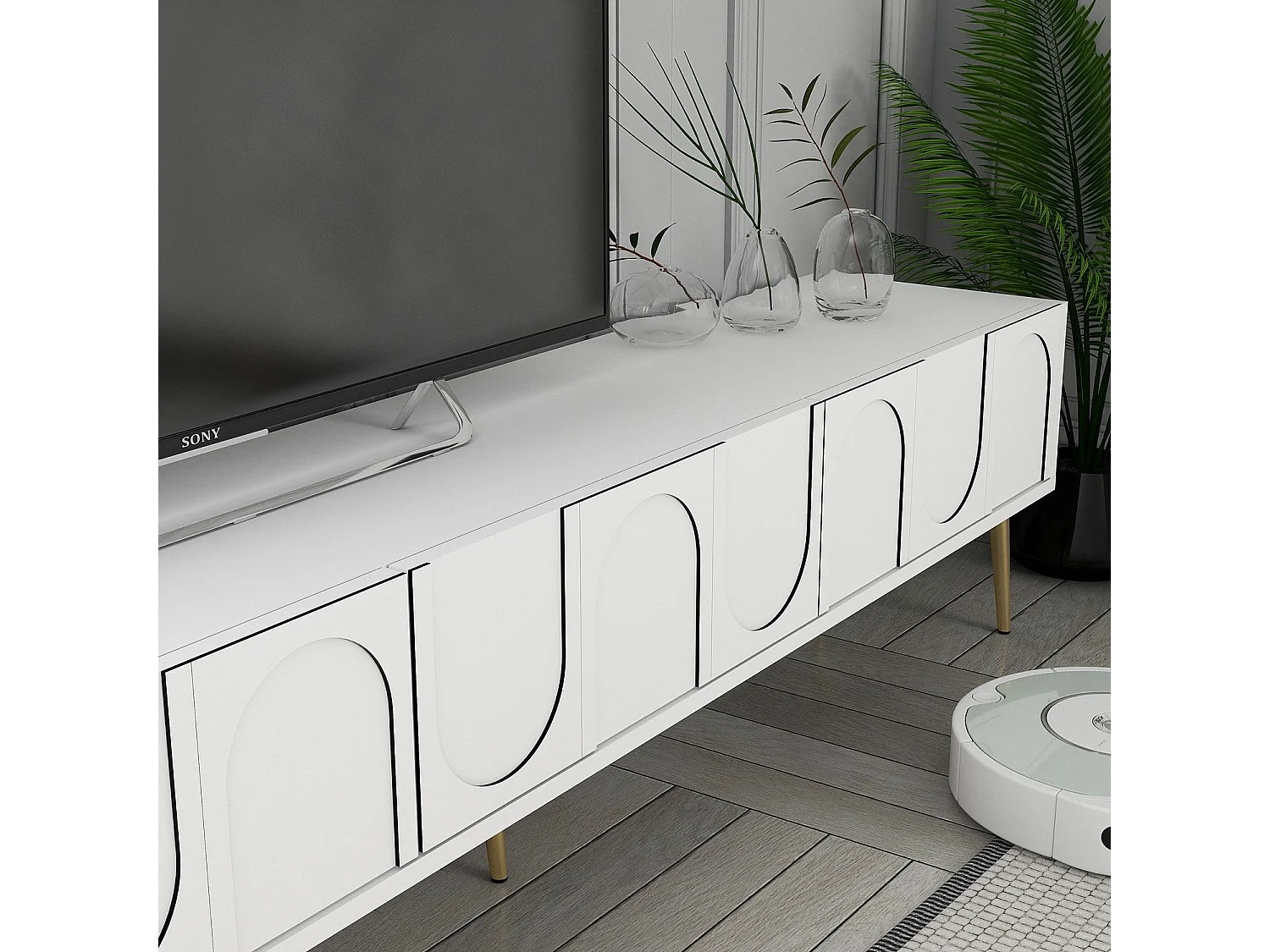 Mueble de TV – 180 cm – Blanco y Dorado – Tablero de partículas recubierto de melamina