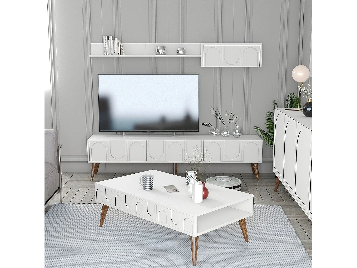 Ensemble meubles de salons style minimaliste Lyana 3 pièces Blanc et Bois clair
