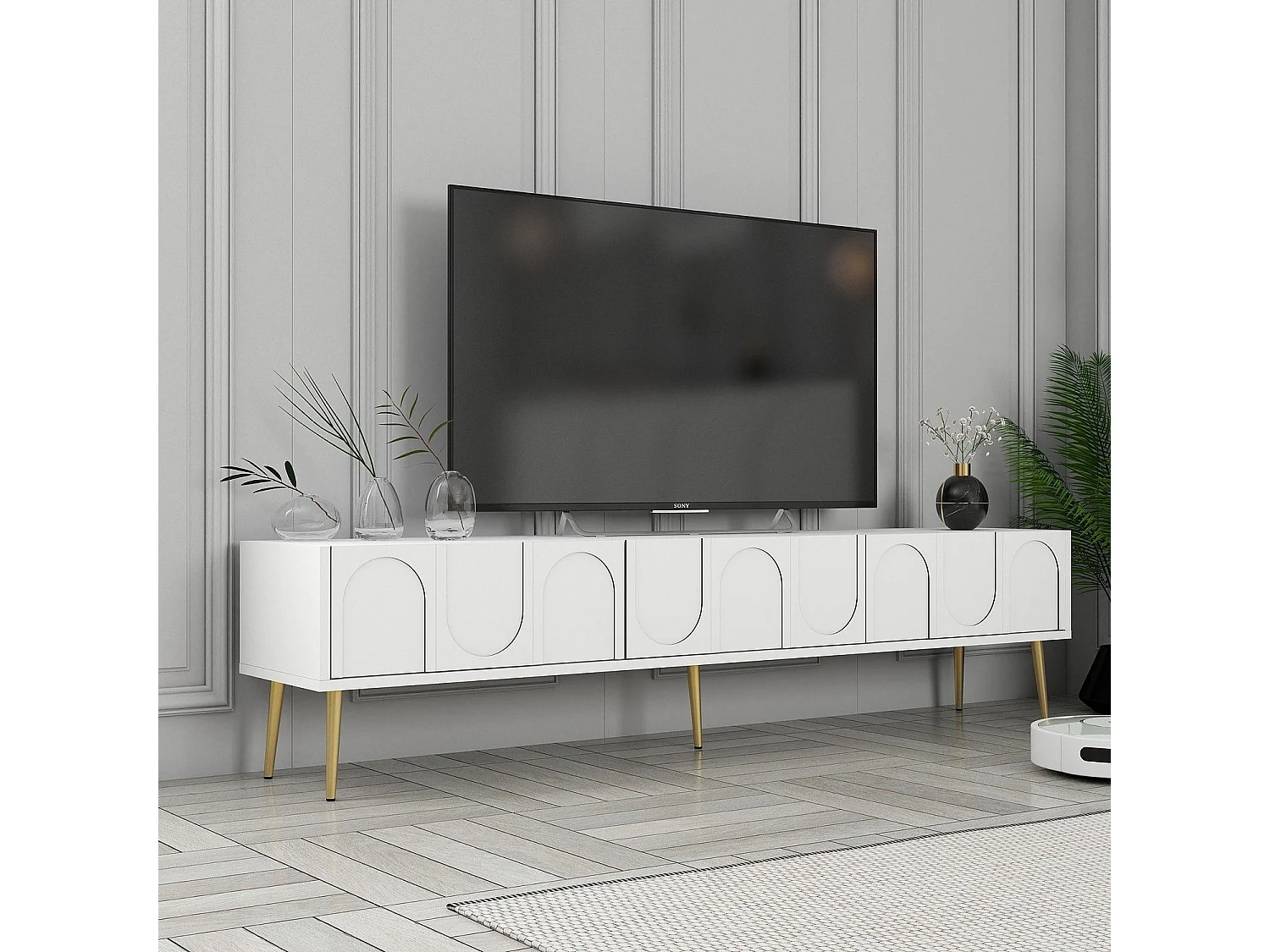 Móvel de TV – 180 x 43 x 35 cm – Branco e Dourado – Painéis de partículas revestidos a melamina