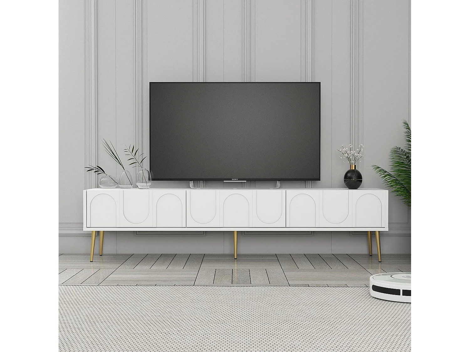 Móvel de TV – 180 x 43 x 35 cm – Branco e Dourado – Painéis de partículas revestidos a melamina