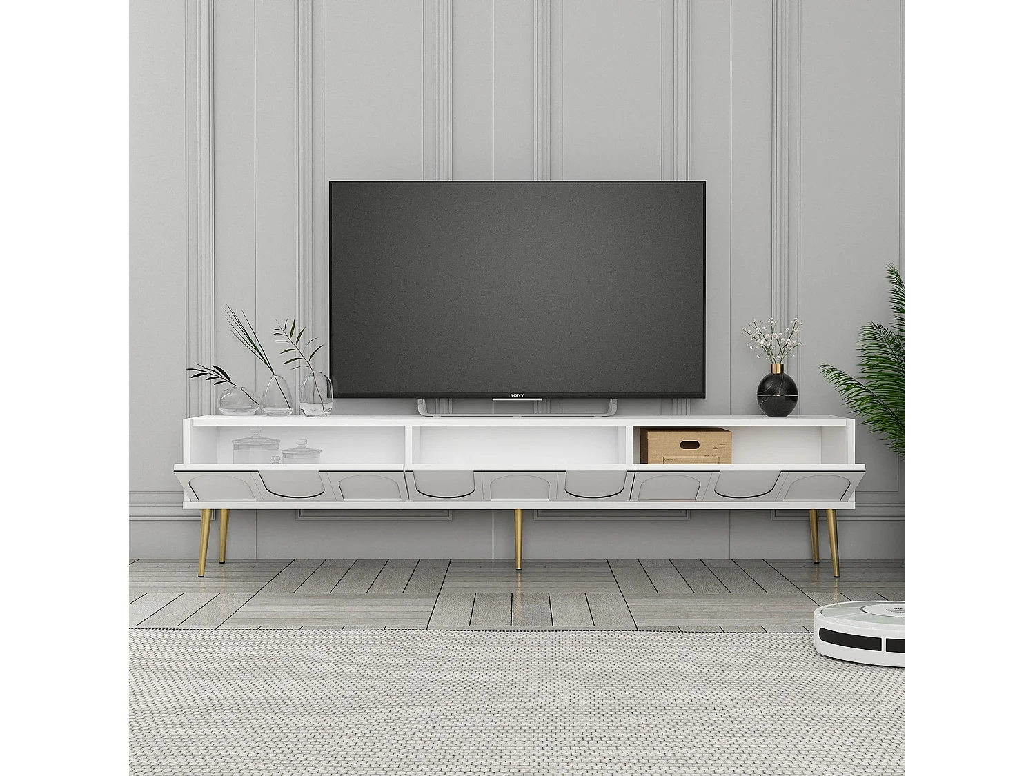 Móvel de TV – 180 x 43 x 35 cm – Branco e Dourado – Painéis de partículas revestidos a melamina