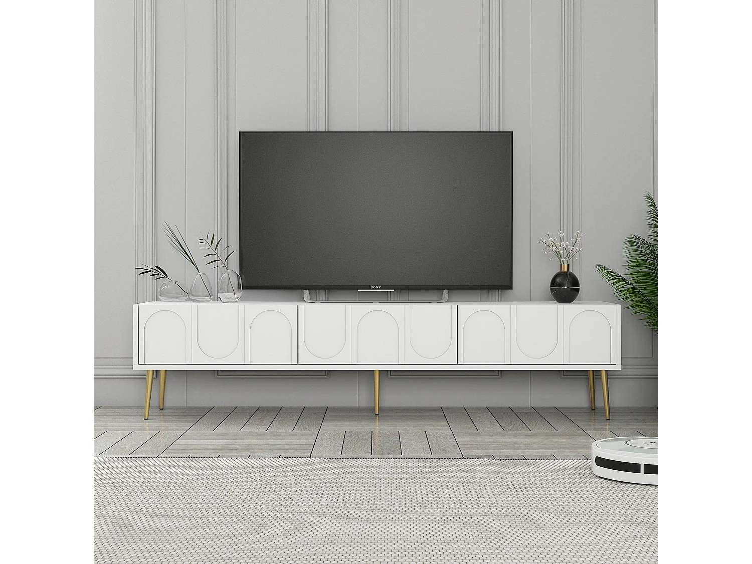 Móvel de TV – 180 x 43 x 35 cm – Branco e Dourado – Painéis de partículas revestidos a melamina