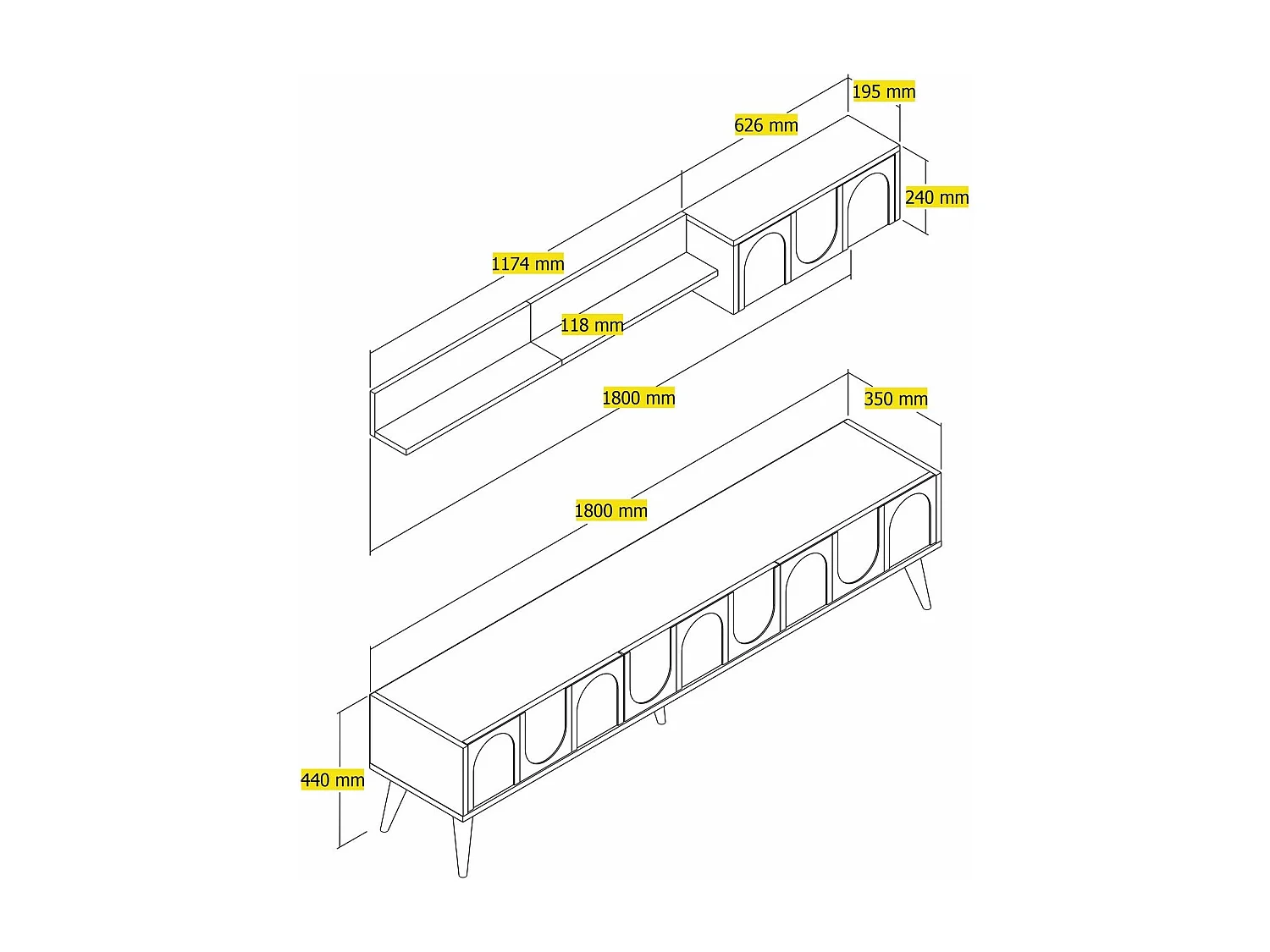Móvel de TV elegante – 180 cm – Branco e nogueira – Painéis de partículas revestidos a melamina