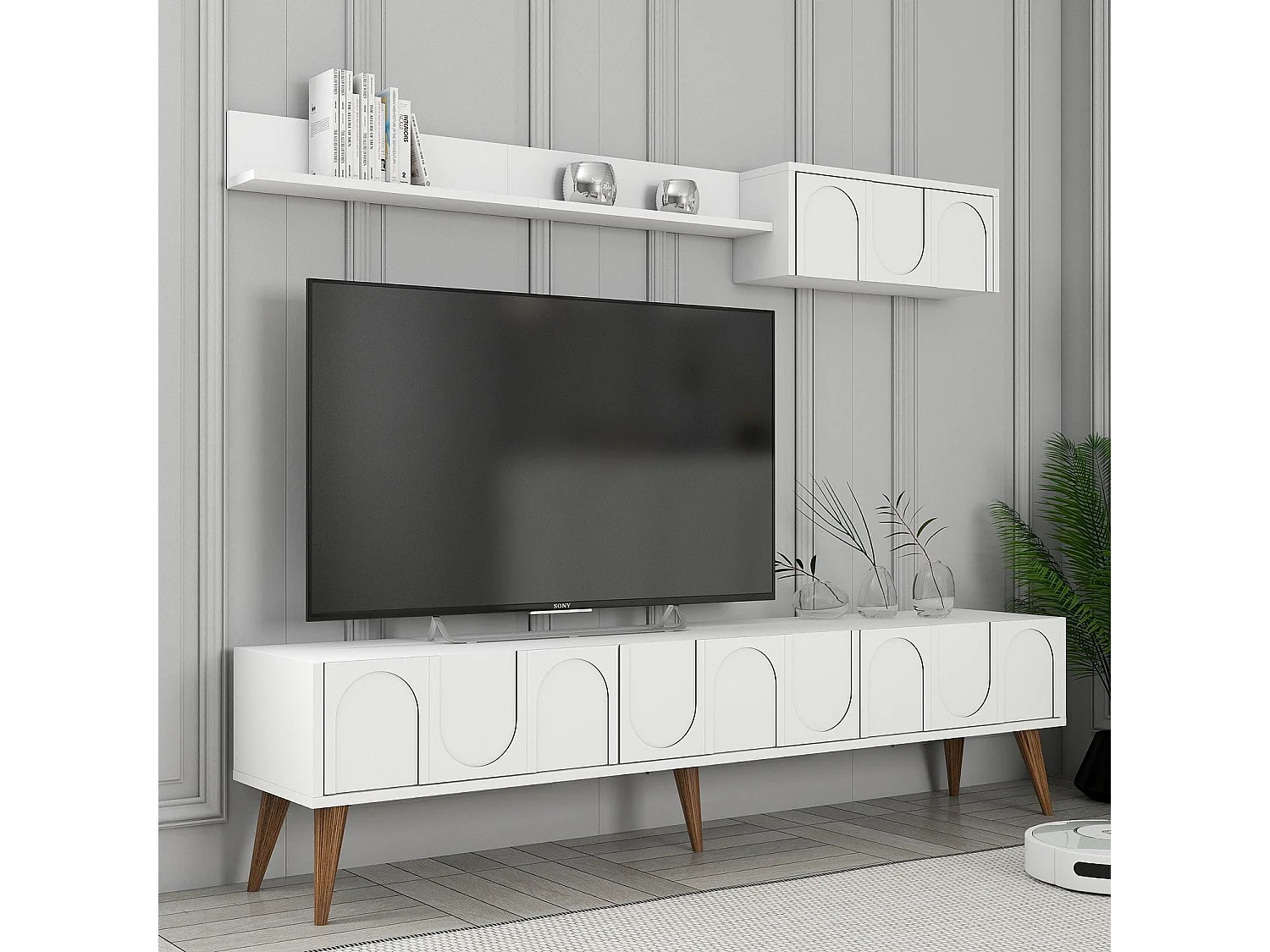 Móvel de TV elegante – 180 cm – Branco e nogueira – Painéis de partículas revestidos a melamina