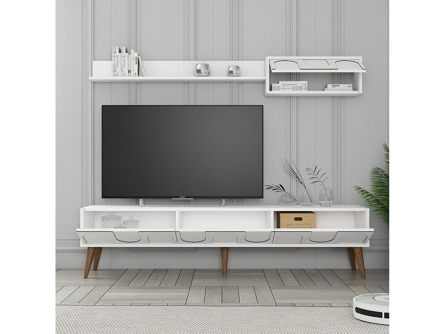 Eleganter TV-Ständer – 180 cm – Weiß und Walnuss – Melaminbeschichtete Spanplatte