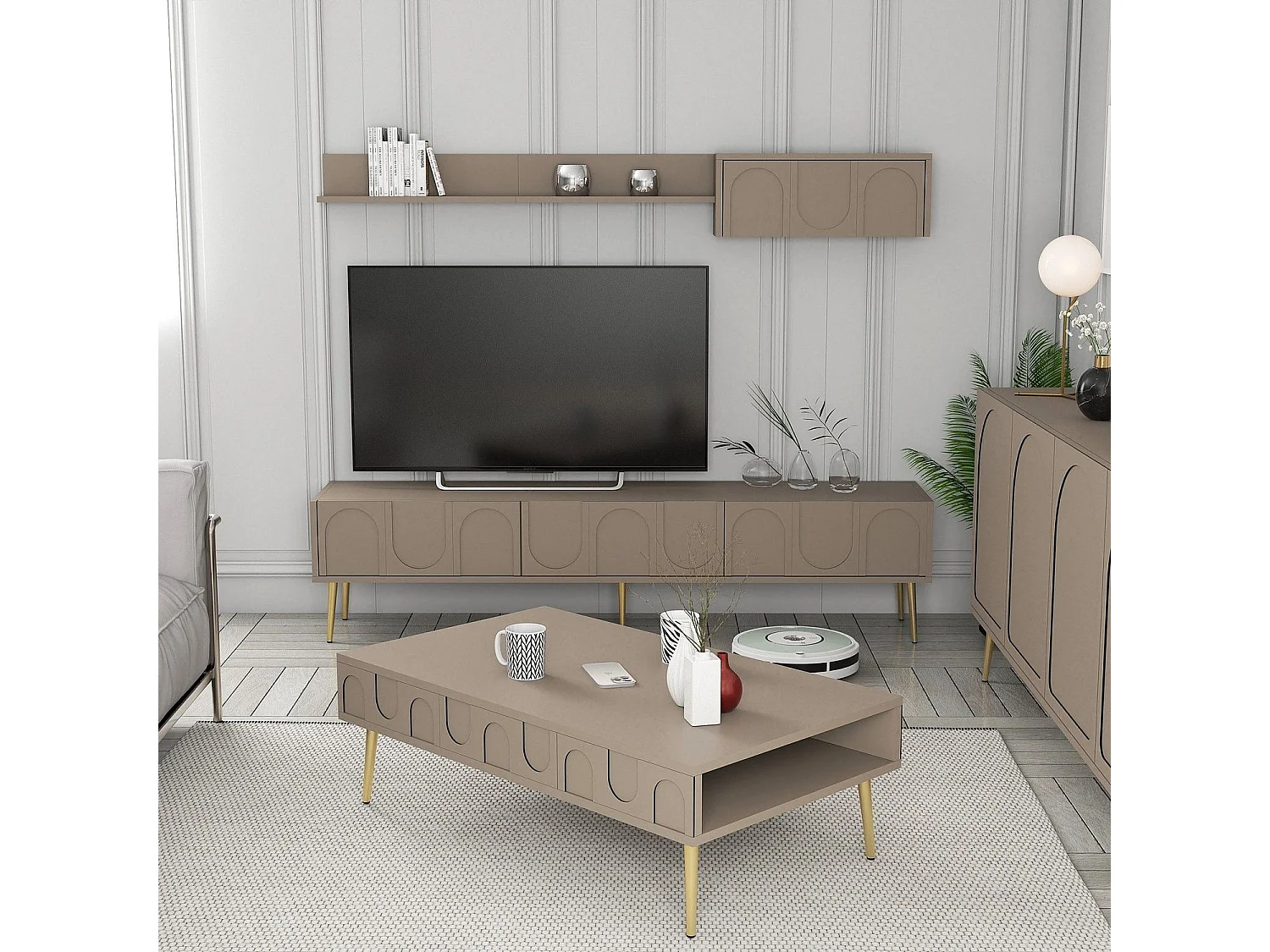 Ensemble meubles de salons Lyana 3 pièces Taupe foncé et Or