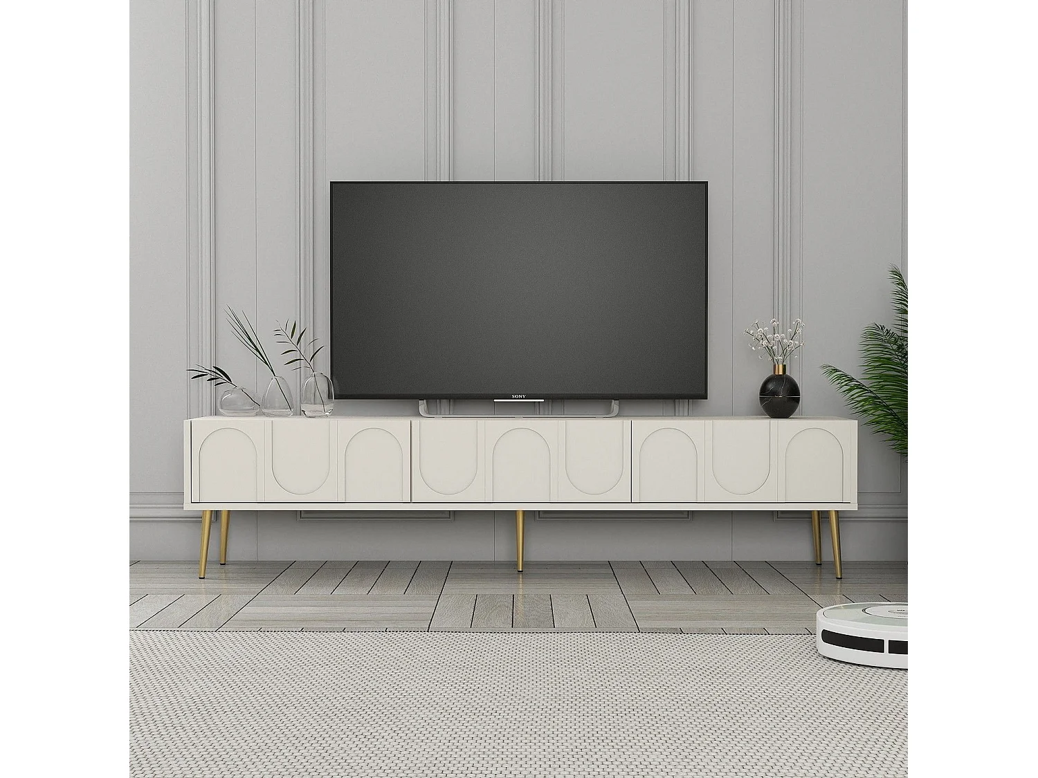 Móvel de TV montável na parede – 180 cm – creme e dourado – painel de partículas revestido a melamina