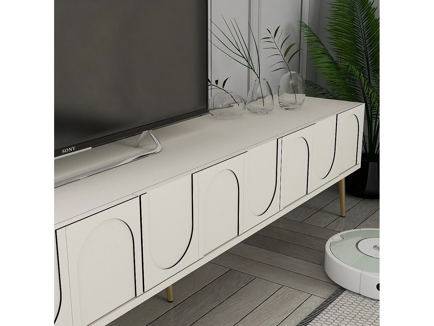 Móvel de TV montável na parede – 180 cm – creme e dourado – painel de partículas revestido a melamina