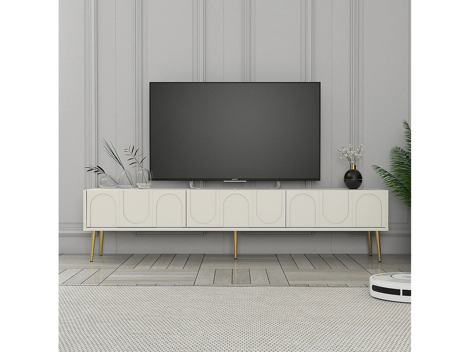Móvel de TV montável na parede – 180 cm – creme e dourado – painel de partículas revestido a melamina