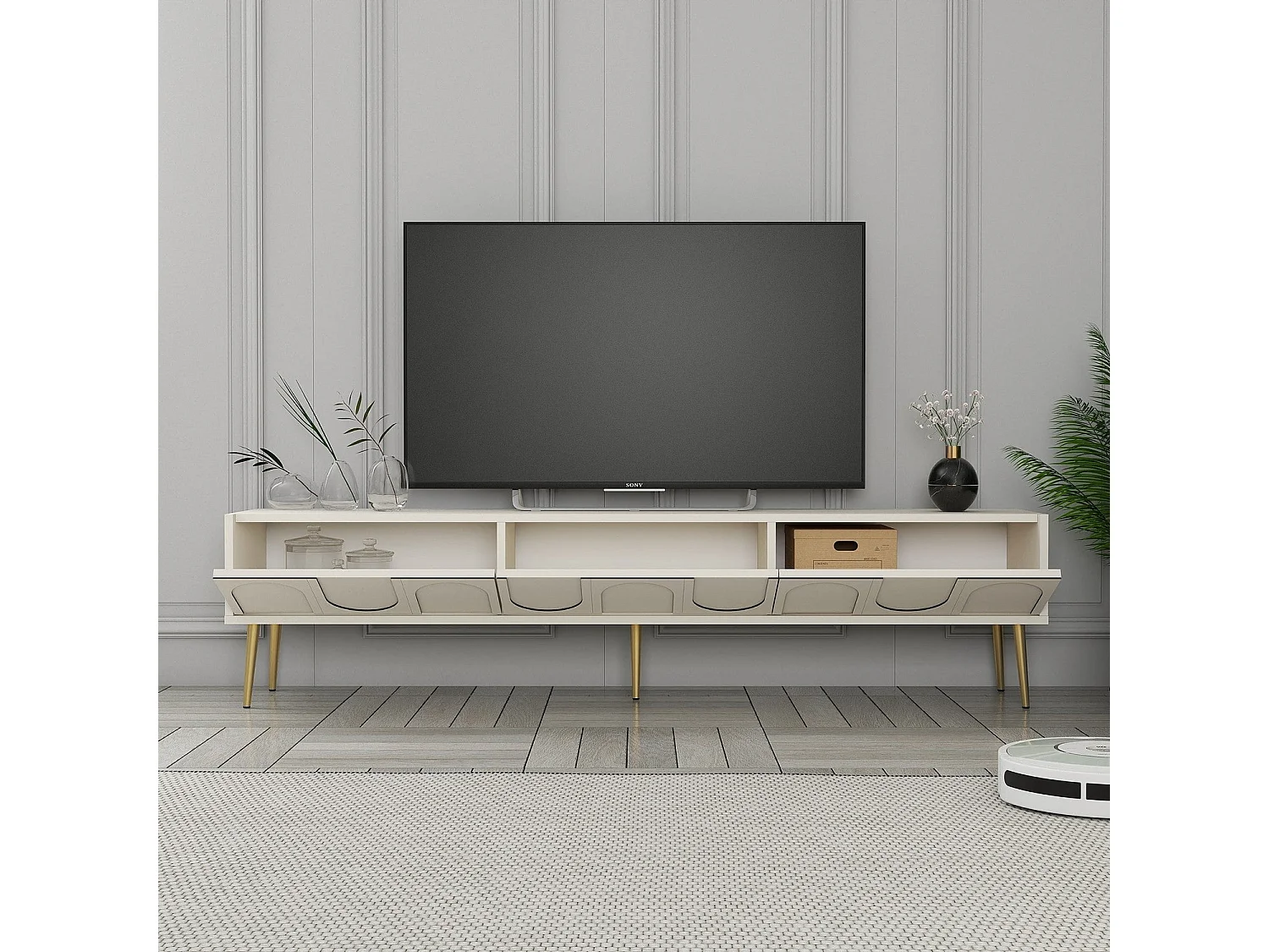 Móvel de TV montável na parede – 180 cm – creme e dourado – painel de partículas revestido a melamina