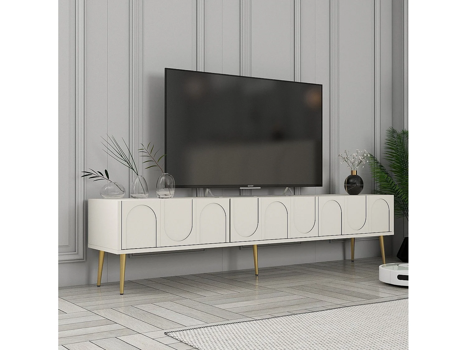 Meuble TV style minimaliste 3 portes Lyana L180cm Crème et Or