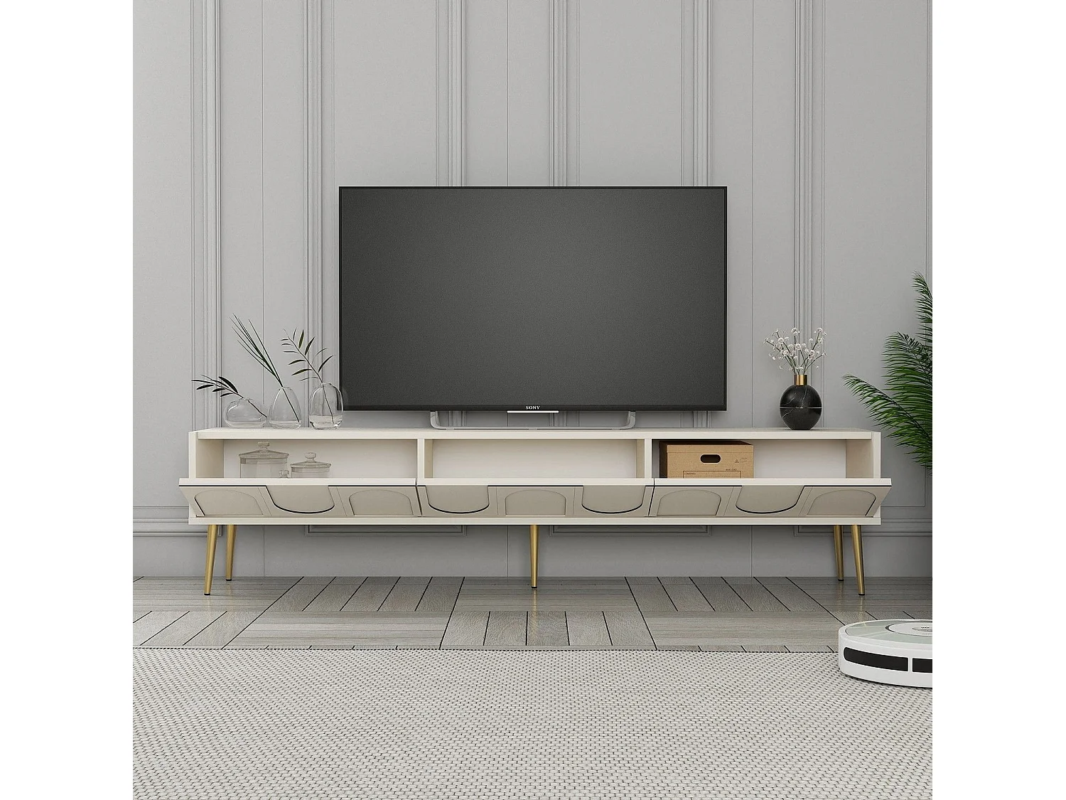 Meuble TV style minimaliste 3 portes Lyana L180cm Crème et Or