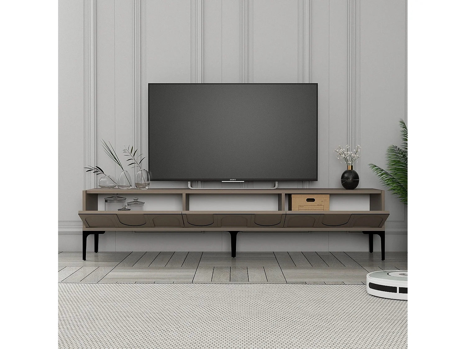 Meuble TV style minimaliste 3 portes Lyana L180cm Taupe foncé et Noir