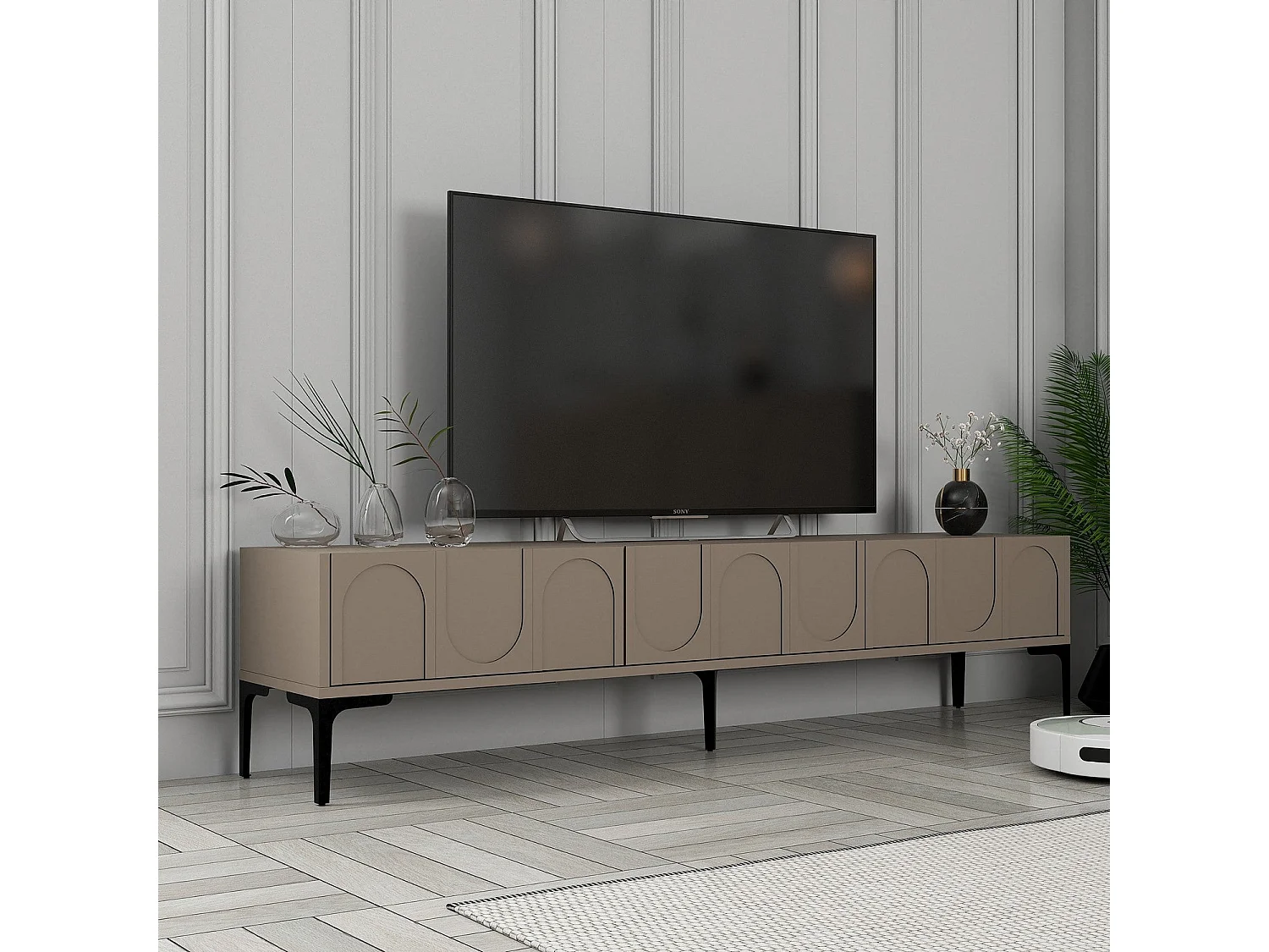 Meuble TV style minimaliste 3 portes Lyana L180cm Taupe foncé et Noir