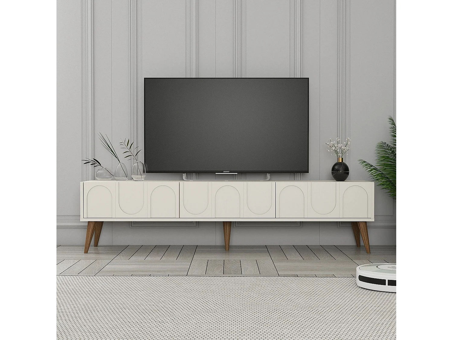 Móvel de TV elegante – 180 x 44 x 35 cm – creme e nogueira – painel de partículas revestido de melamina