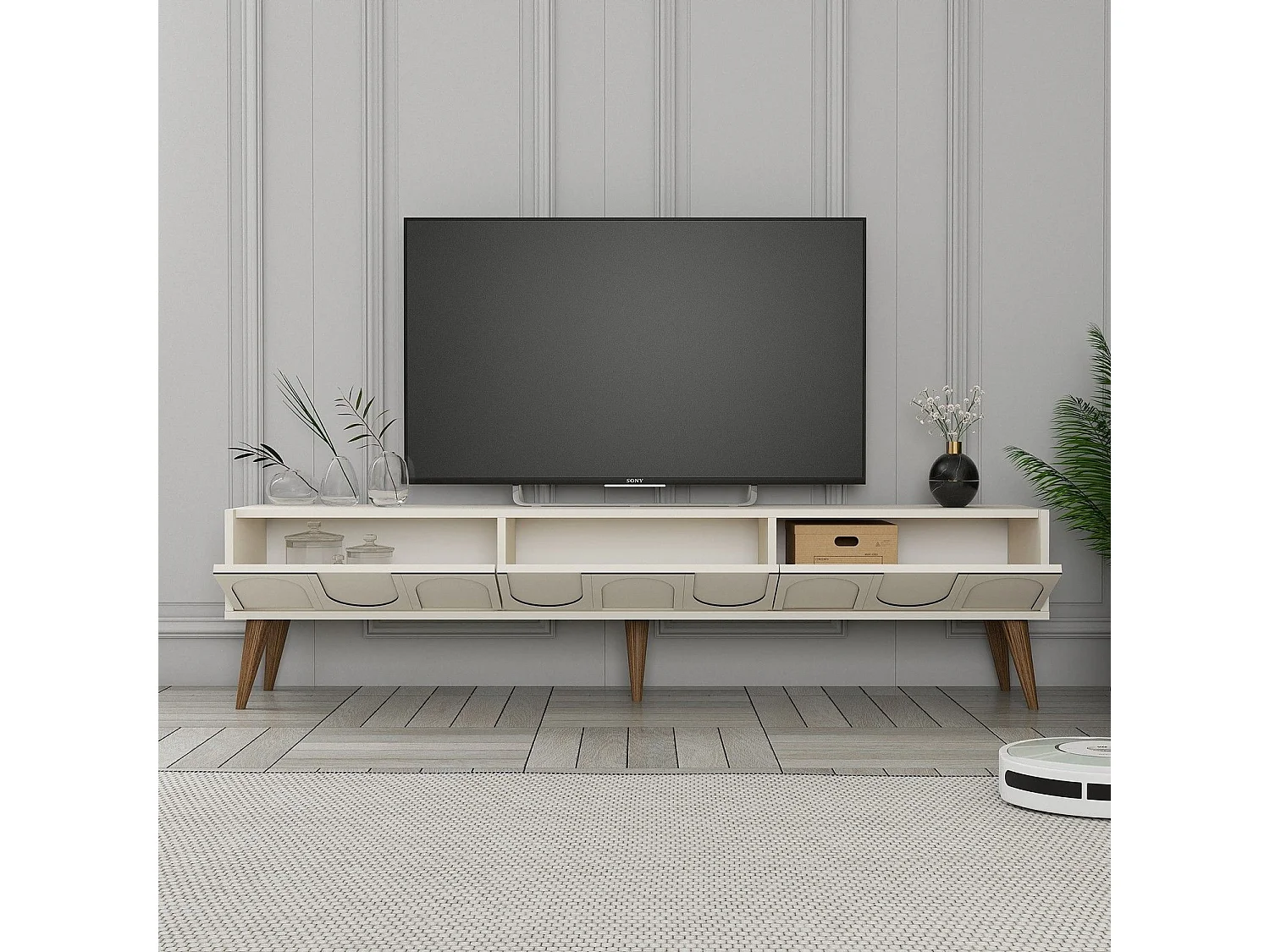 Meuble TV style minimaliste 3 portes Lyana L180cm Crème et Bois clair