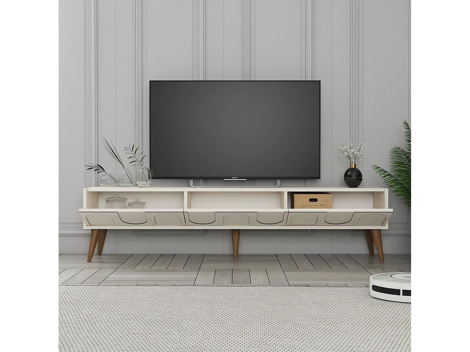 Meuble TV style minimaliste 3 portes Lyana L180cm Crème et Bois clair