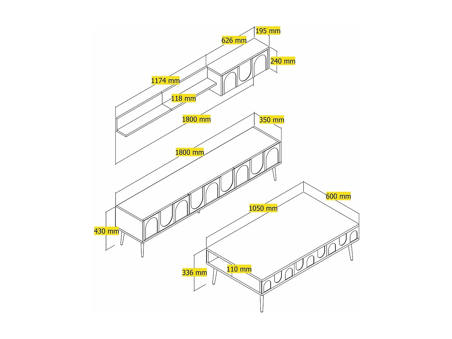 Ensemble meubles de salons Lyana 3 pièces Blanc et Or