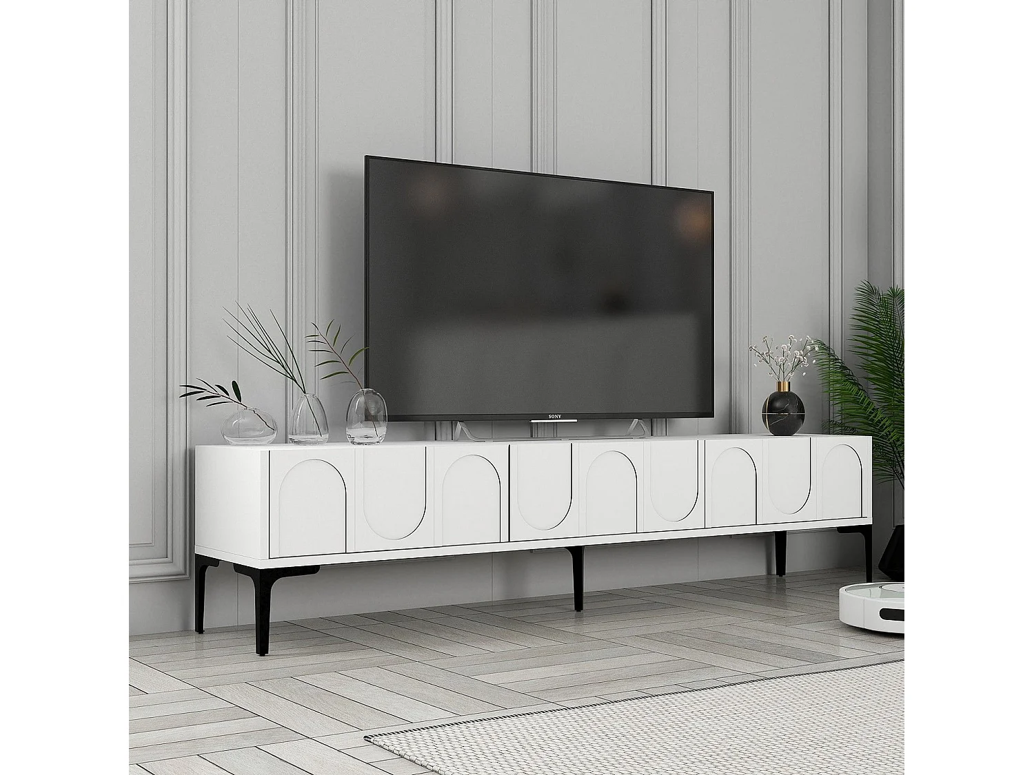 Mueble de TV – 180 cm x 42 cm x 35 cm – Blanco y Negro – Tablero de partículas recubierto de melamina