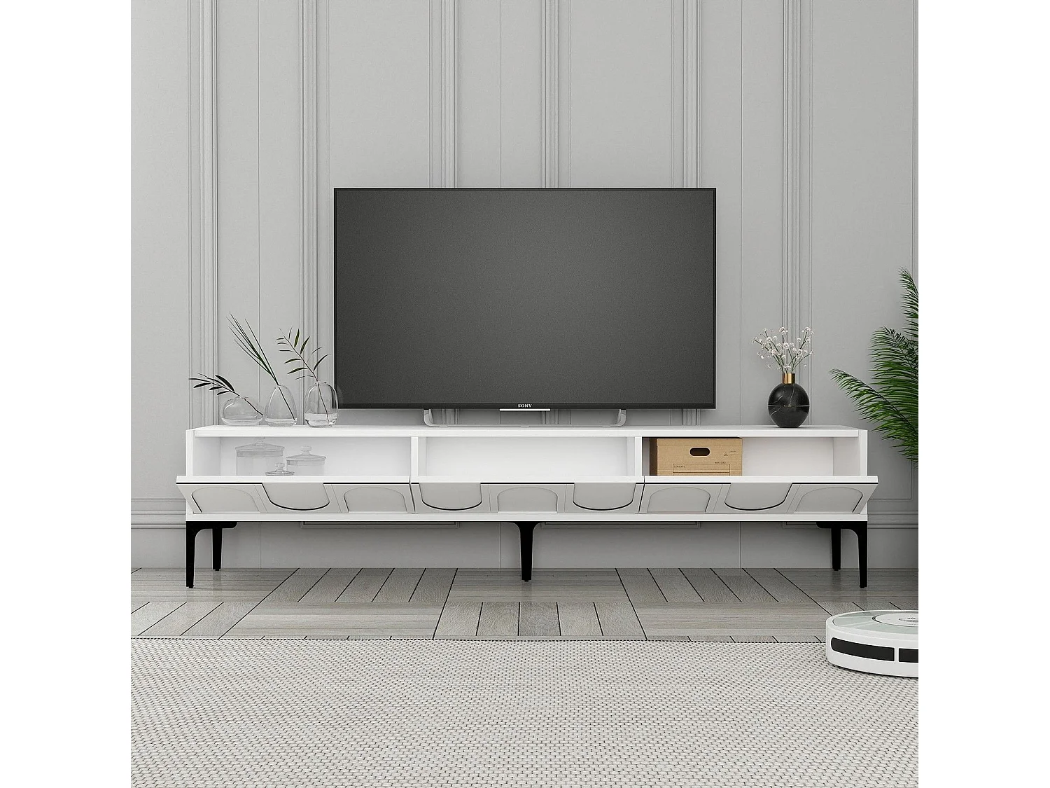 TV-meubel – 180 cm x 42 cm x 35 cm – Wit en zwart – Melamine gecoate spaanplaat
