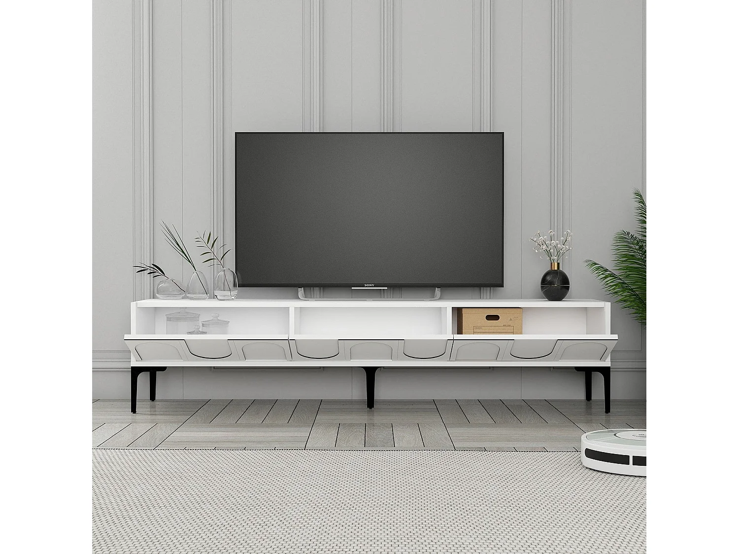 TV-meubel – 180 cm x 42 cm x 35 cm – Wit en zwart – Melamine gecoate spaanplaat
